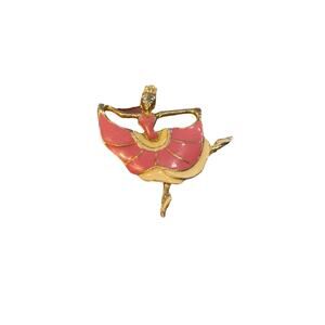 Vintage Ballerina Brooch Pink Enamel Gold Tone Dancer Figural Mid Century Pin